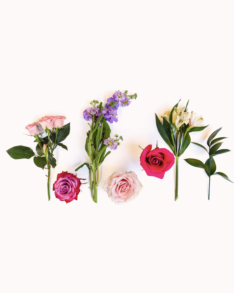 Assorted fresh flowers including pink and red roses, purple blooms, and white lilies arranged in a neat row on a clean, white backdrop.