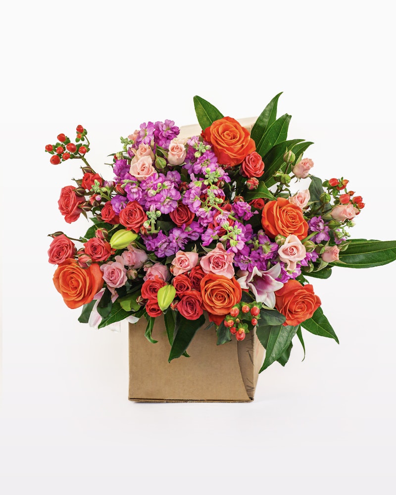 Vibrant bouquet of fresh flowers including orange roses, pink roses, purple accents, and green leaves packaged in a stylish brown paper bag on a white background.