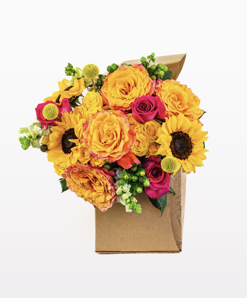Bouquet of vibrant flowers, including sunflowers, roses, and daisies, artistically arranged and protruding from a brown cardboard box against a white background.