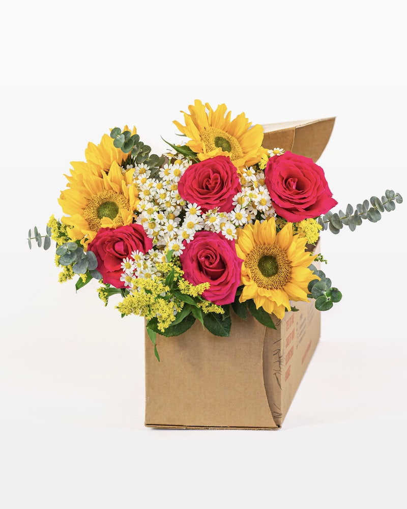 Bright sunflowers, lush pink roses, and delicate white filler flowers arranged in a cardboard box against a clean, white background, ideal for a cheerful gift.