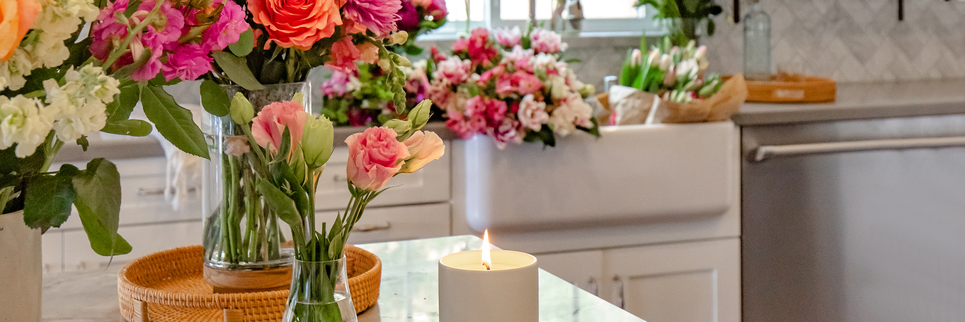 Bright and colorful floral arrangements in a stylish kitchen setting, creating a cheerful ambiance.