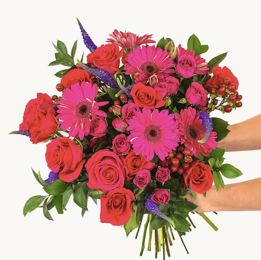 Vibrant bouquet featuring pink gerbera daisies and red roses, ideal for celebrations.