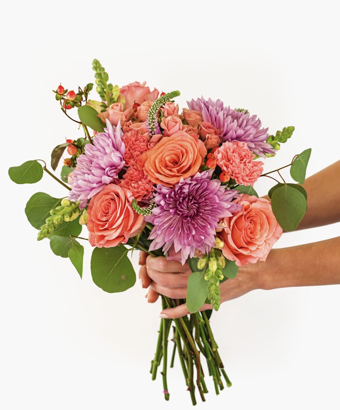 A vibrant bouquet of pink and lavender flowers held in hands, perfect for celebrations.