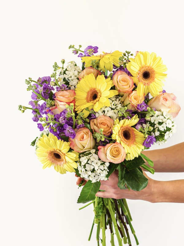 Close-up of a vibrant bouquet with yellow gerberas, peach roses, purple accents, and white baby's breath held by hands, against a white background.
