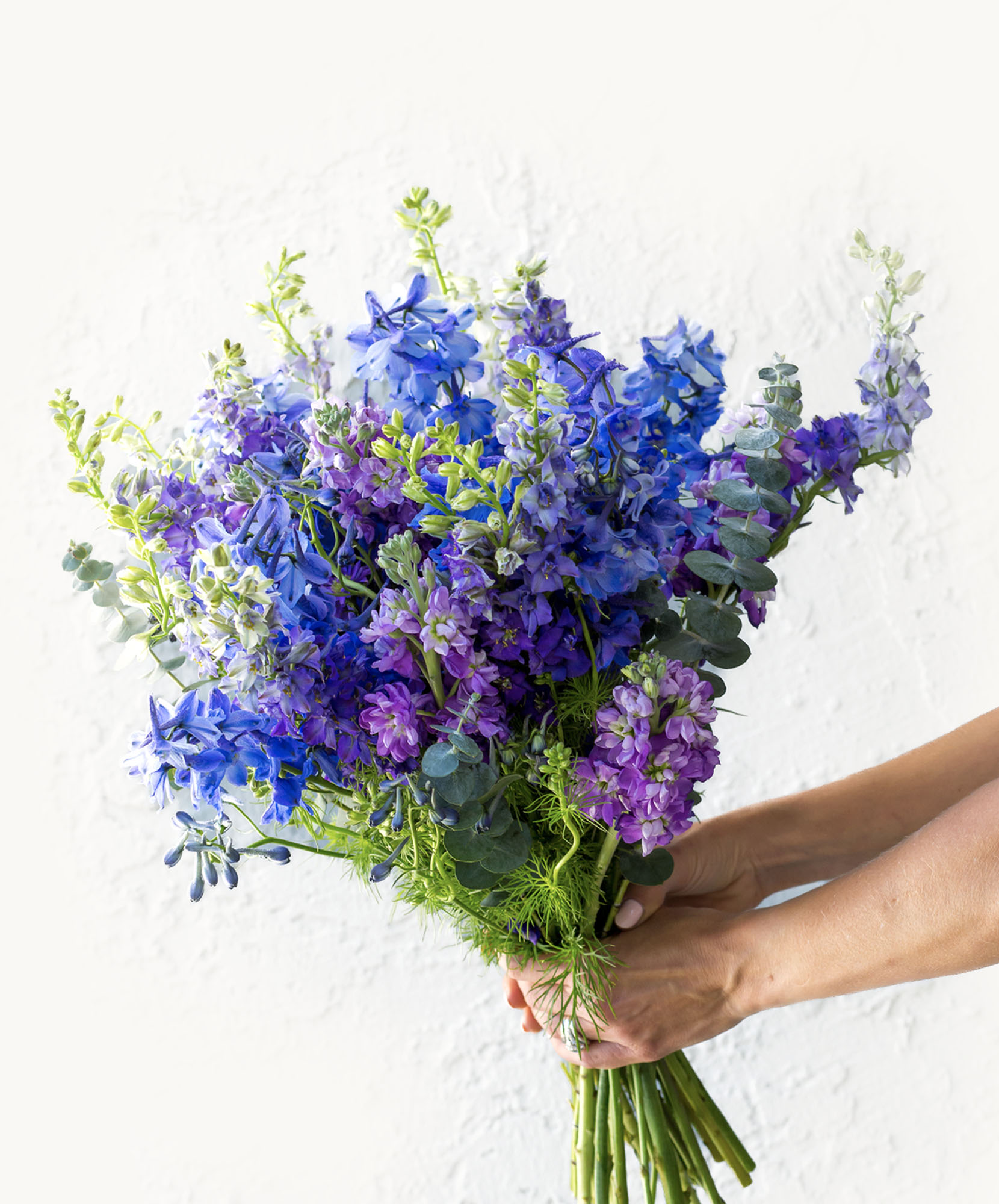 Vibrant bouquet of purple and blue flowers, elegantly held against a light backdrop.