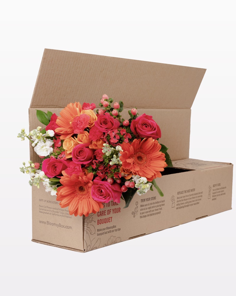 Vibrant bouquet of orange gerberas, pink roses, and white accents neatly packaged in a branded cardboard box, ready for delivery from BloomsyBox.com.
