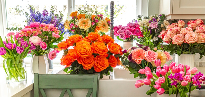 Colorful bouquets of fresh flowers, including orange roses, pink gerberas, and purple flowers, arranged neatly on a sunlit table by a window.