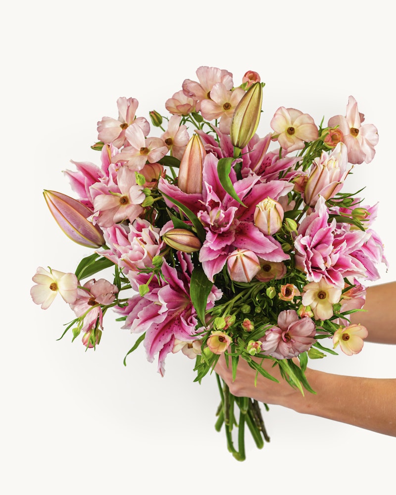 A person holding a vibrant bouquet of pink lilies and assorted flowers with green stems, presented against a white background for a fresh, springtime feel.