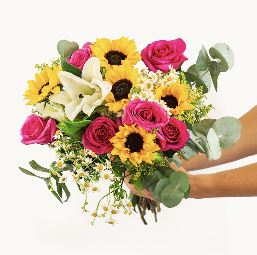 Two hands holding a vibrant bouquet of flowers including sunflowers, pink roses, white lilies, and small daisies against a white background.