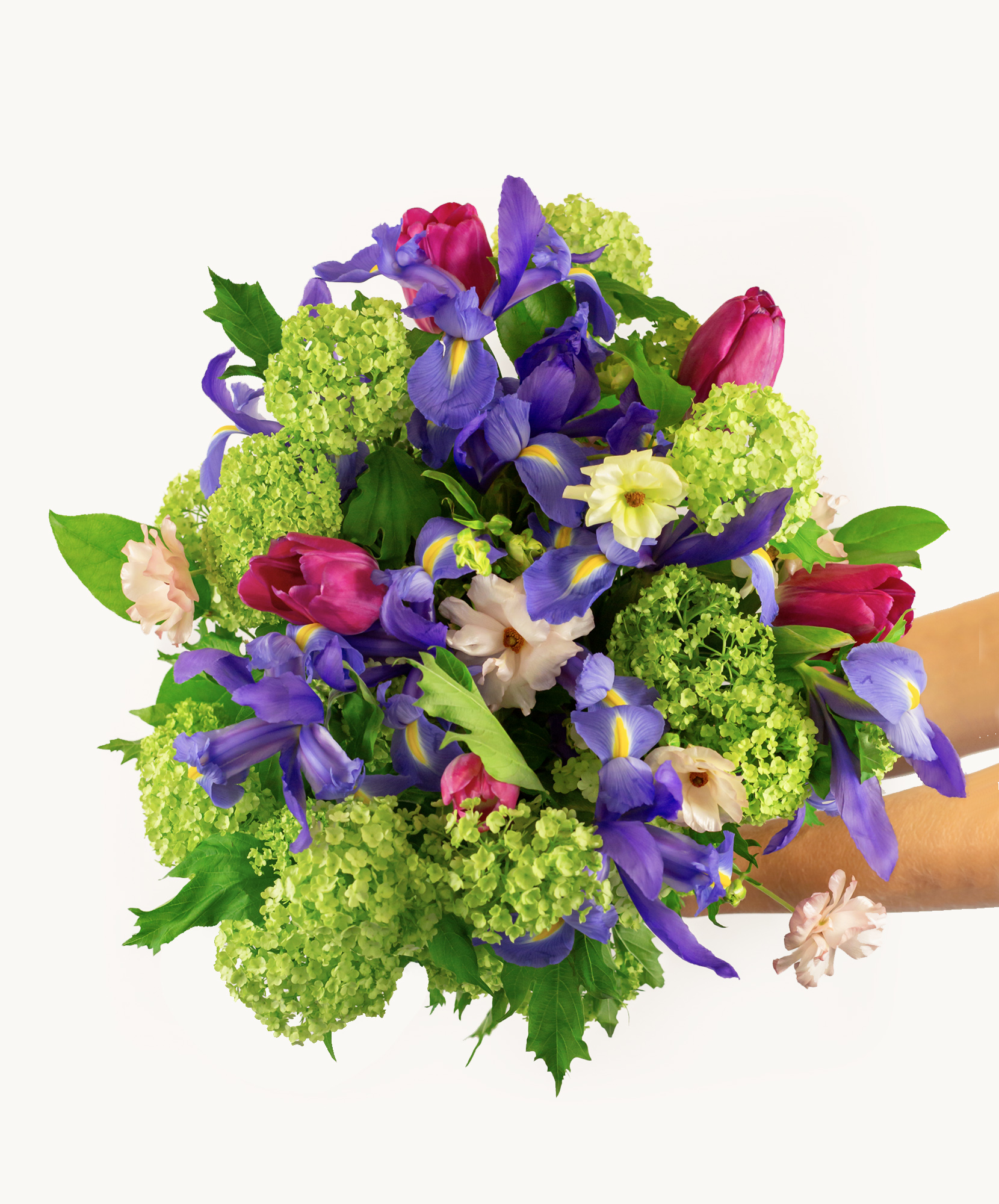 Vibrant spring bouquet featuring purple irises, pink tulips, and lush green blooms.