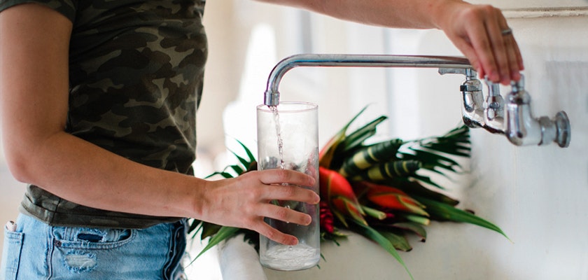 A person fills a glass with water from a stylish faucet beside vibrant tropical foliage.