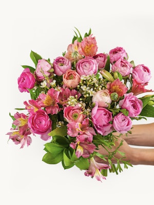 Vibrant bouquet of pink roses and alstroemeria, elegantly held by hands, perfect for celebrations.