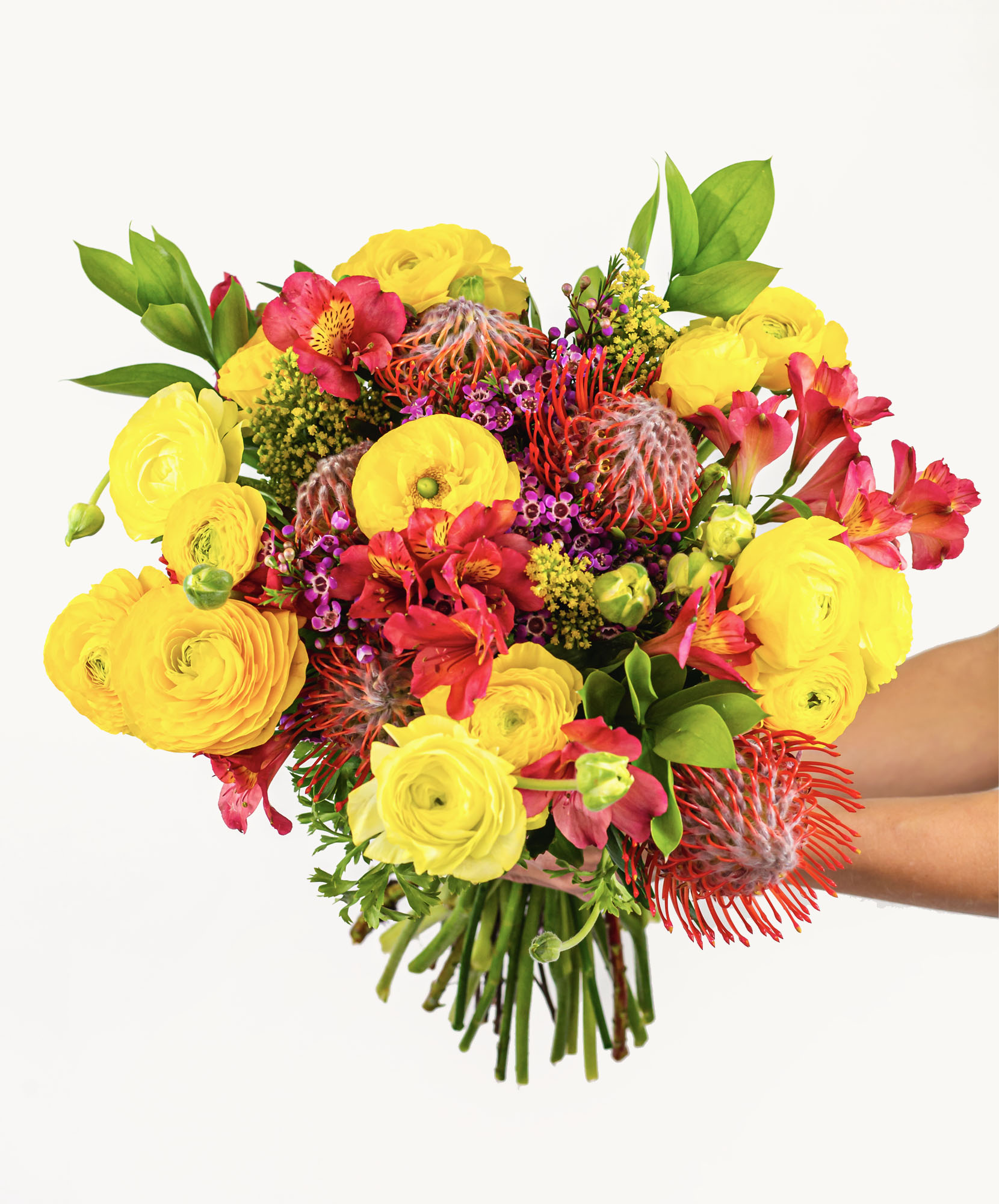 Vibrant floral bouquet featuring bright yellow ranunculus and red protea blooms.