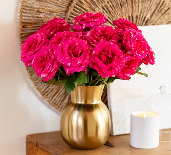 Vibrant pink roses in a chic gold vase, adding elegance to any room's decor.