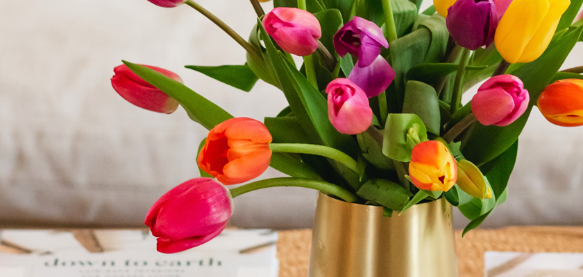Vibrant tulips in various colors arranged in a stylish gold vase on a decorative table.