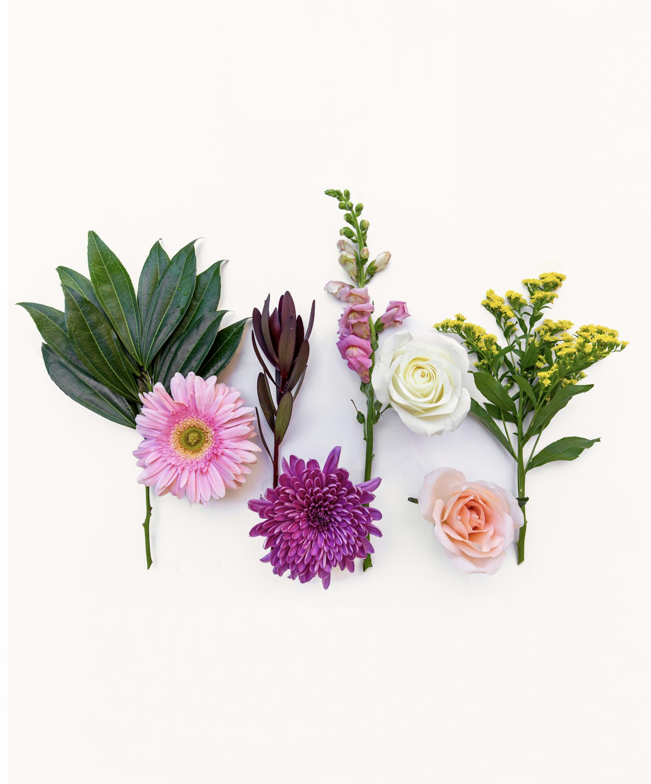 Vibrant floral arrangement featuring pink gerbera daisies, purple chrysanthemums, and white roses.