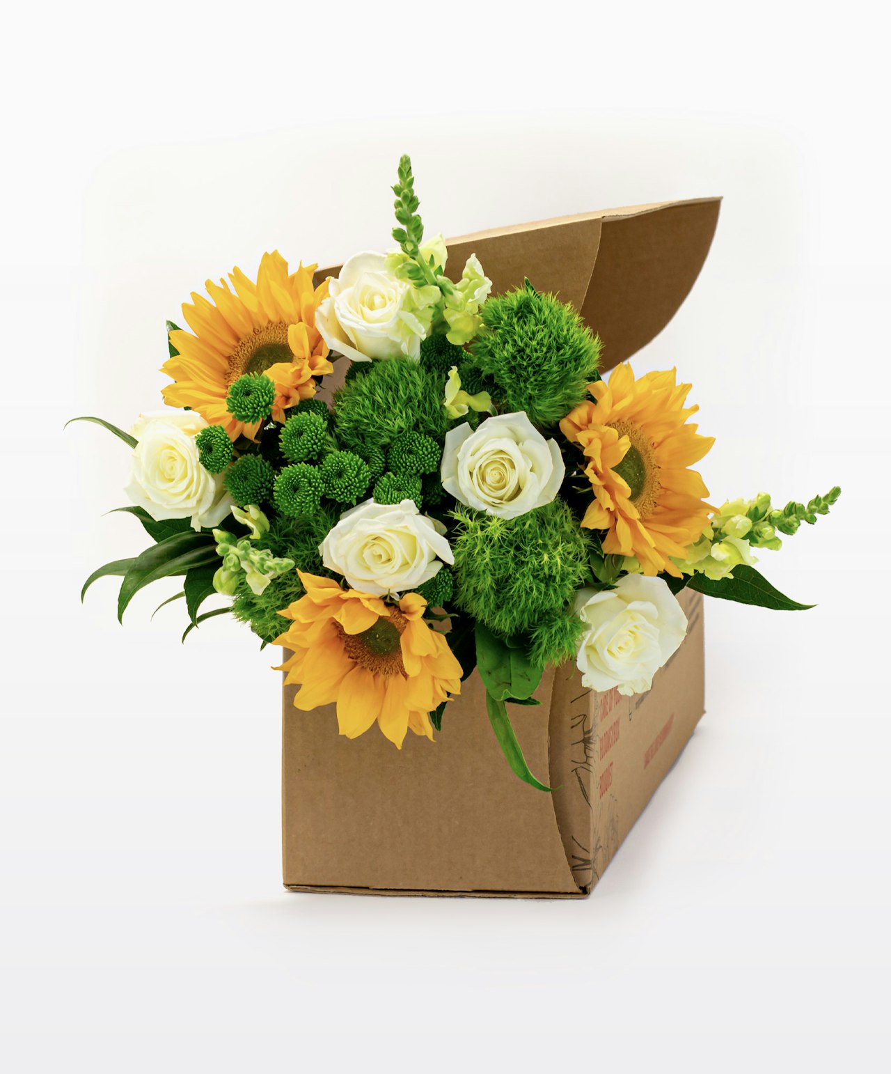 Vibrant floral arrangement featuring sunflowers and white roses in a charming box.