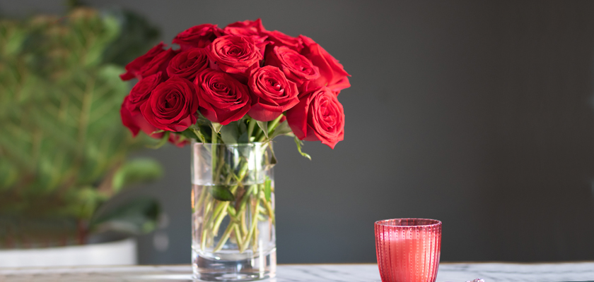 Vibrant red roses elegantly arranged in a clear vase, adding charm to any space.