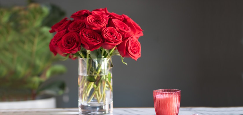 Vibrant red roses elegantly arranged in a clear vase, adding charm to any space.
