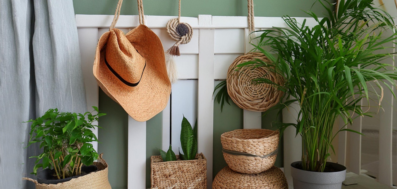 Chic indoor decor featuring straw hats, woven baskets, and lush green plants against a soft green wall.