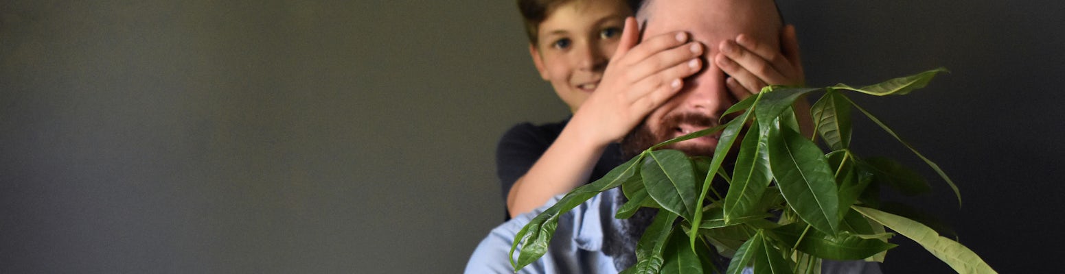 A joyful moment between a father and son, playfully hiding behind a lush indoor plant.