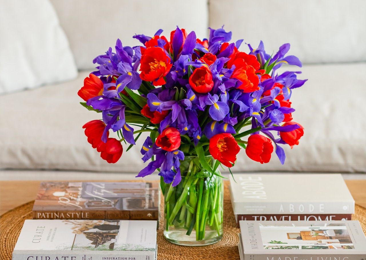 Vibrant bouquet of red tulips and purple irises in a glass vase on a coffee table.