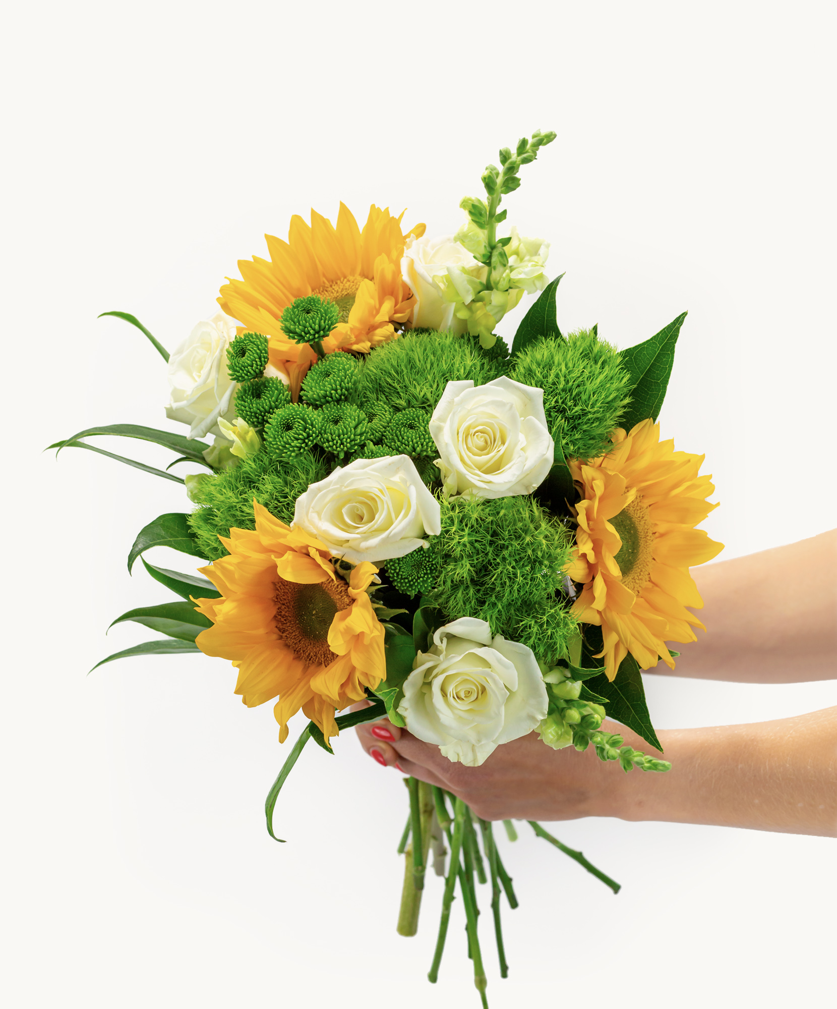 Vibrant bouquet featuring yellow sunflowers and white roses, beautifully arranged with greenery.