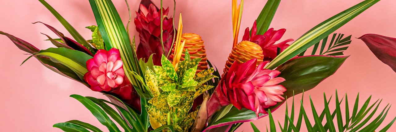 Vibrant tropical floral arrangement featuring bold red blooms and lush green foliage.