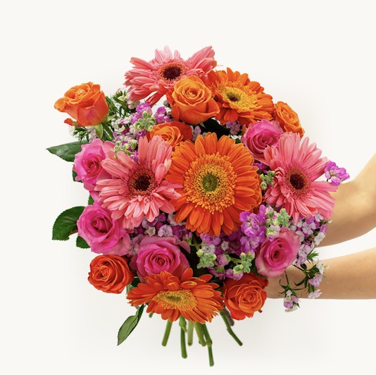 A vibrant pet-friendly bouquet with orange and hot pink roses, daisies, and small pink flowers