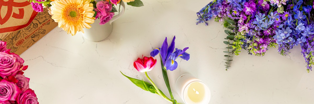 Vibrant floral arrangement featuring tulips, daisies, and irises beside a lit candle.