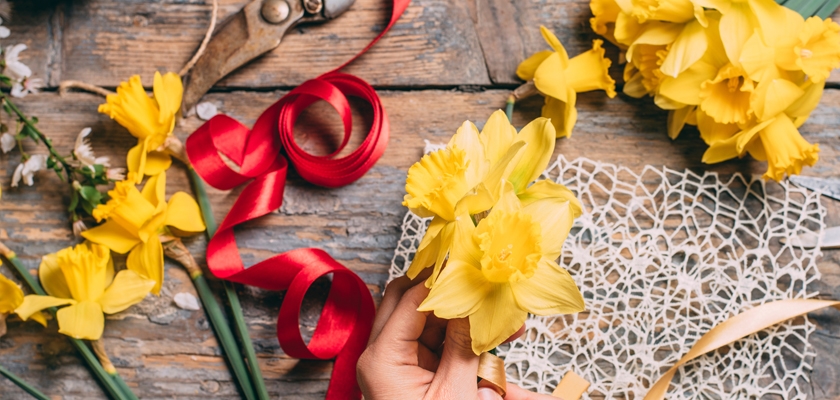 Vibrant yellow daffodils arranged with ribbons and scissors on a rustic wooden surface.