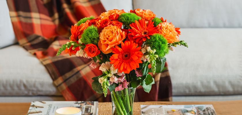 Vibrant bouquet of orange and green flowers in a glass vase, adding warmth to a cozy living space.