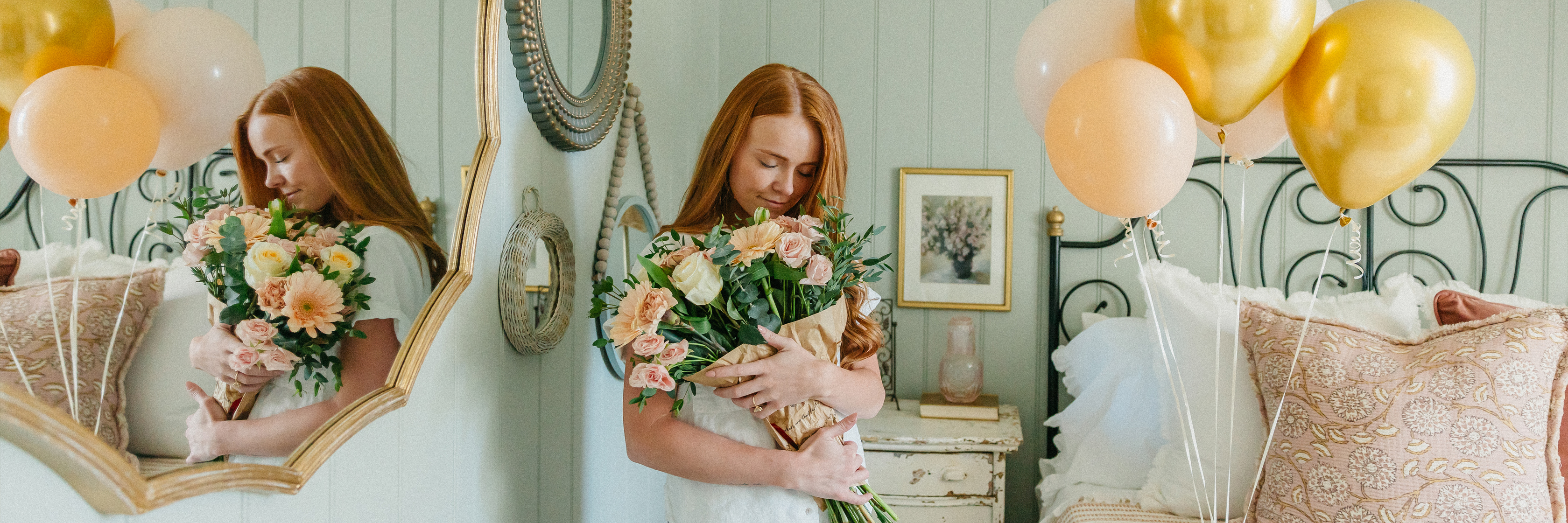 A young girl embraces a beautiful floral bouquet, surrounded by soft balloons in an elegant room.