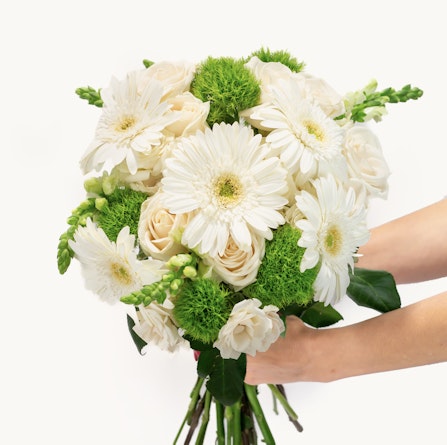 Delicate white gerbera daisies and soft roses in a lush green bouquet held gracefully.