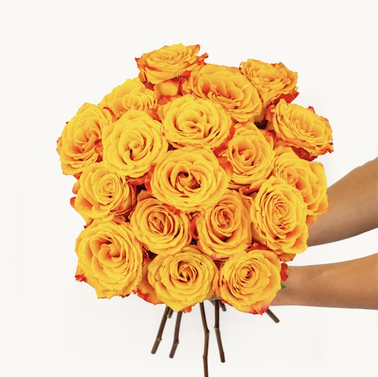 Vibrant bouquet of yellow and orange roses, perfect for brightening up any occasion.