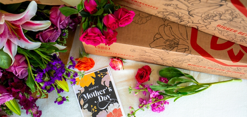 Colorful Mother's Day flowers with a heartfelt card, beautifully arranged for gifting.