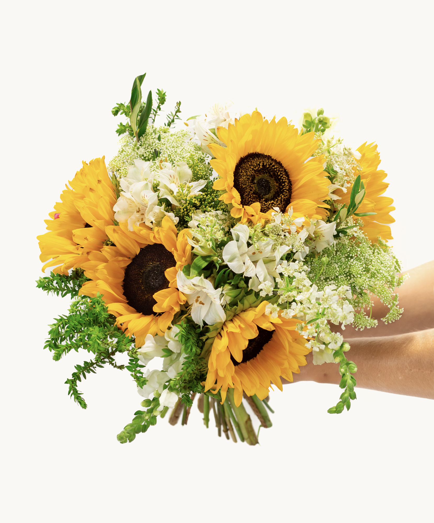 Bright sunflower bouquet with delicate white flowers, perfect for sunny occasions.
