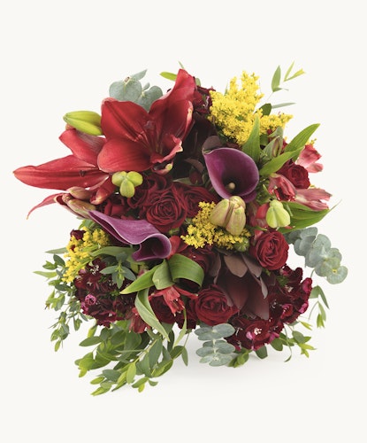 Vibrant floral arrangement featuring red amaryllis, purple calla lilies, and lush greenery.