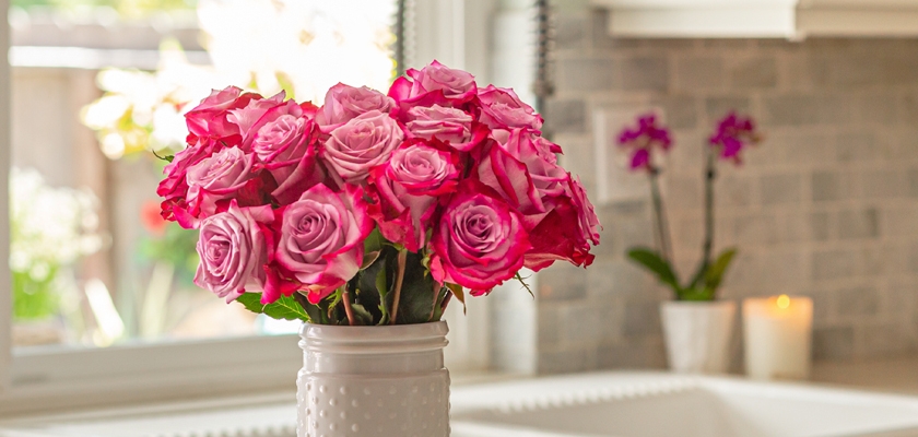 Vibrant pink and lavender roses in a white vase, bringing elegance to a bright kitchen setting.