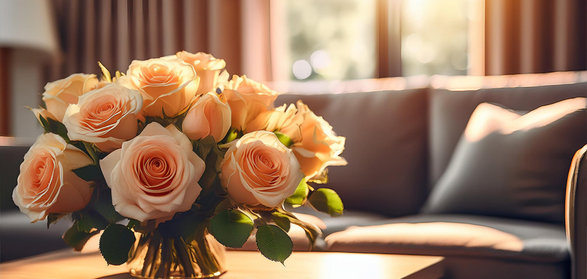Elegant bouquet of soft peach roses arranged in a lush display, brightening a cozy living room.