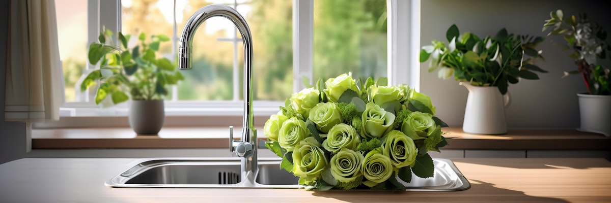 Lush green rose bouquet artfully displayed on a kitchen counter near a sunny window.