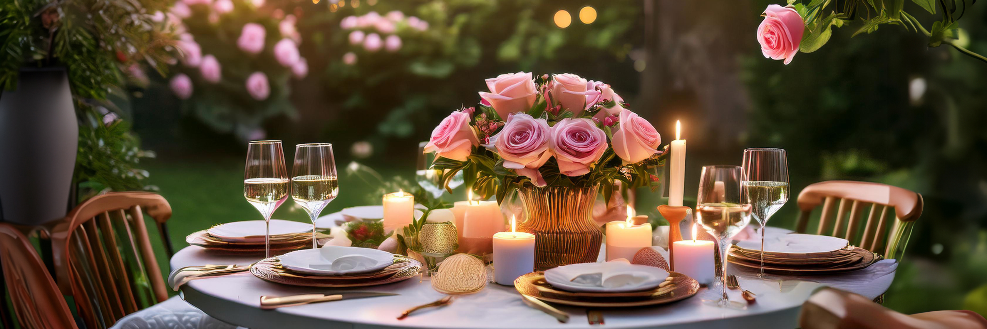 Elegant outdoor dinner setting with a centerpiece of pink roses, candles, and glassware.