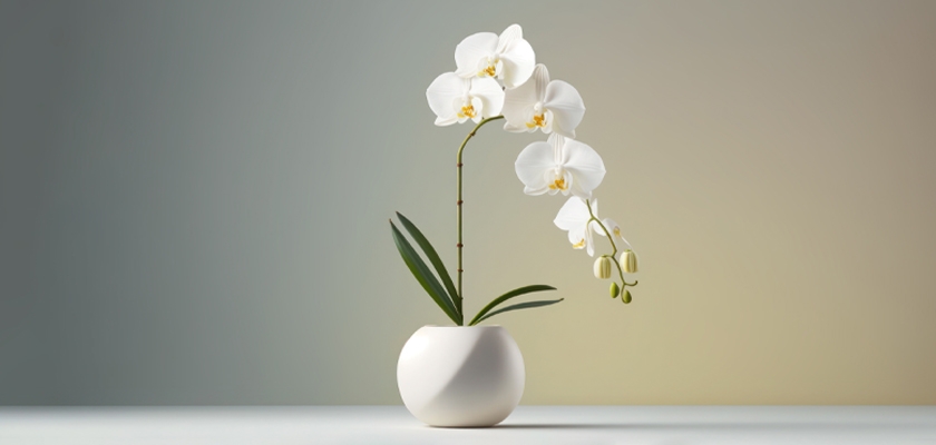 Elegant white orchids gracefully displayed in a minimalist white vase, enhancing any decor.
