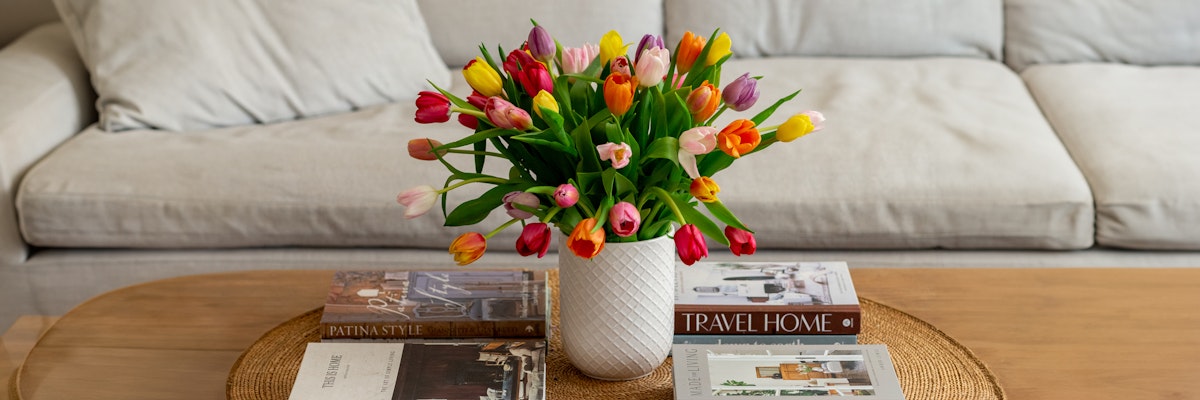 A vibrant bouquet of multicolored tulips in a stylish vase on a wooden coffee table.