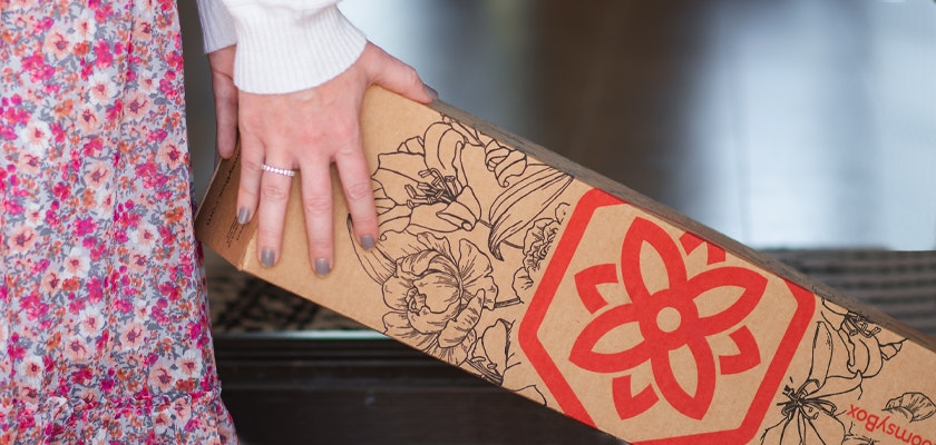 Elegant floral delivery box held by a person, showcasing intricate flower designs.