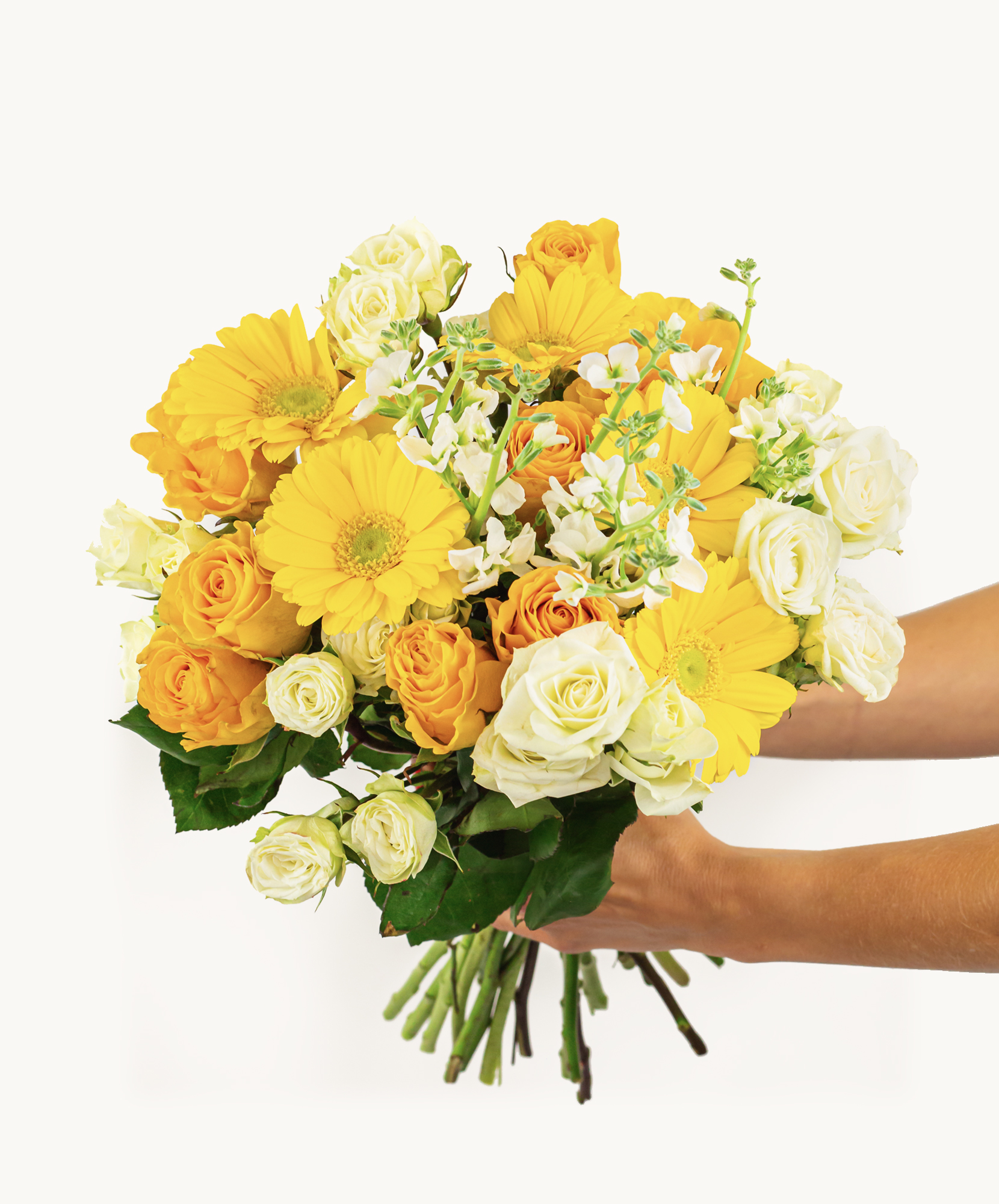 Vibrant bouquet featuring yellow gerbera daisies and romantic roses, perfect for celebrations.