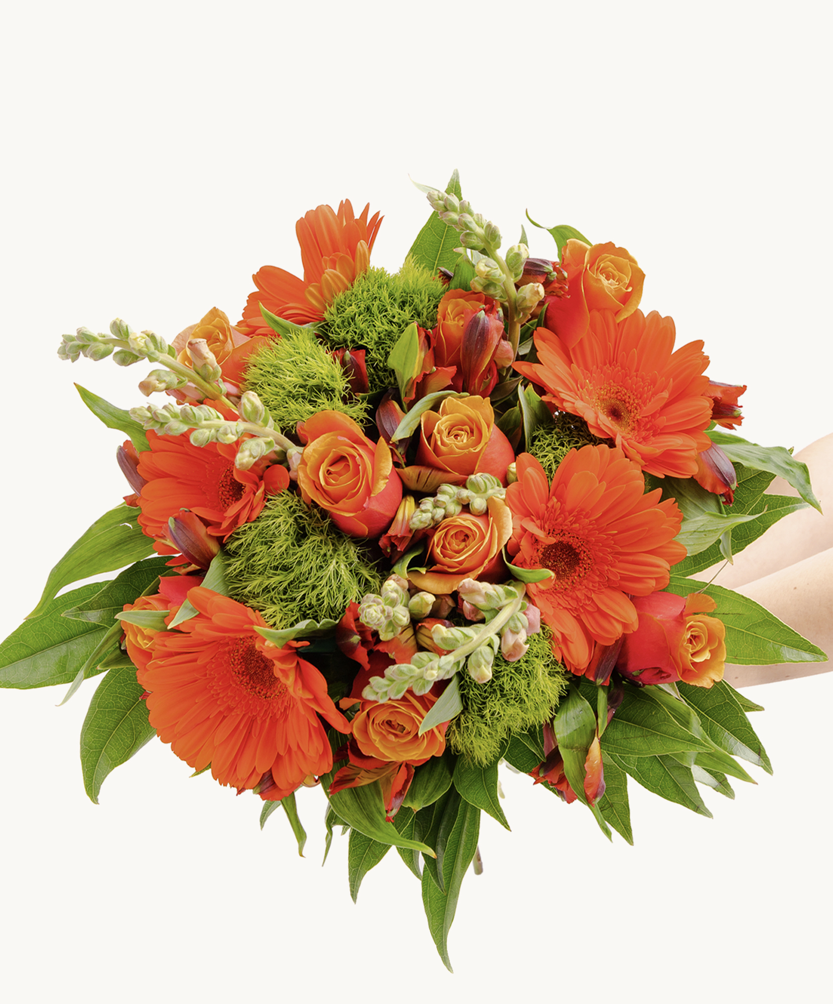 Vibrant orange flower bouquet featuring roses, gerberas, and lush greenery.