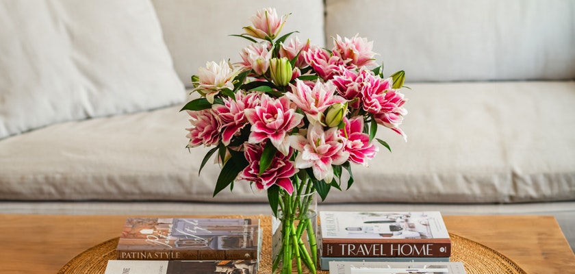 Lush bouquet of pink lilies arranged in a clear vase, enhancing a cozy living room setting.