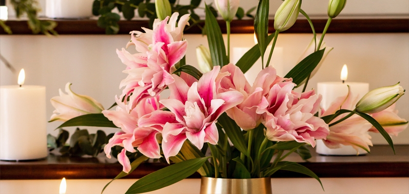 Delicate pink lilies elegantly arranged in a modern gold vase with soft candlelight.