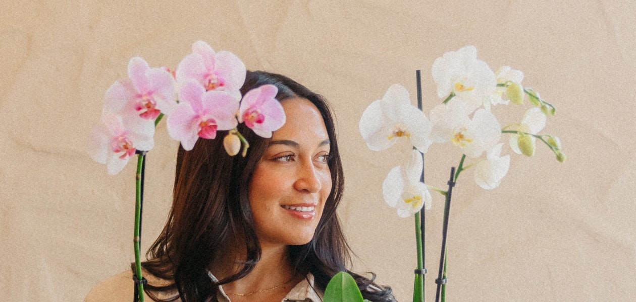 A woman joyfully holds blooming orchids, showcasing vibrant pink and white flowers.